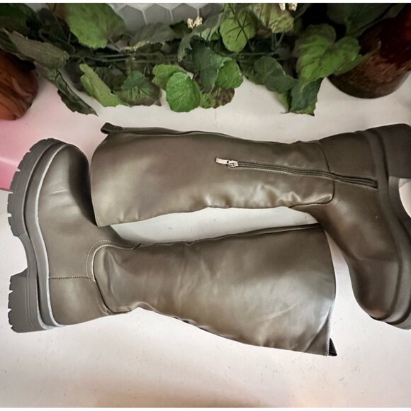 Liliana Shoes - Tall Olive Green PU Knee-High Boots With Chunky Soles & Side Zipper Closure